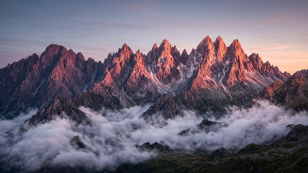 Jagged alpine peaks glowing pink at sunrise above a sea of clouds