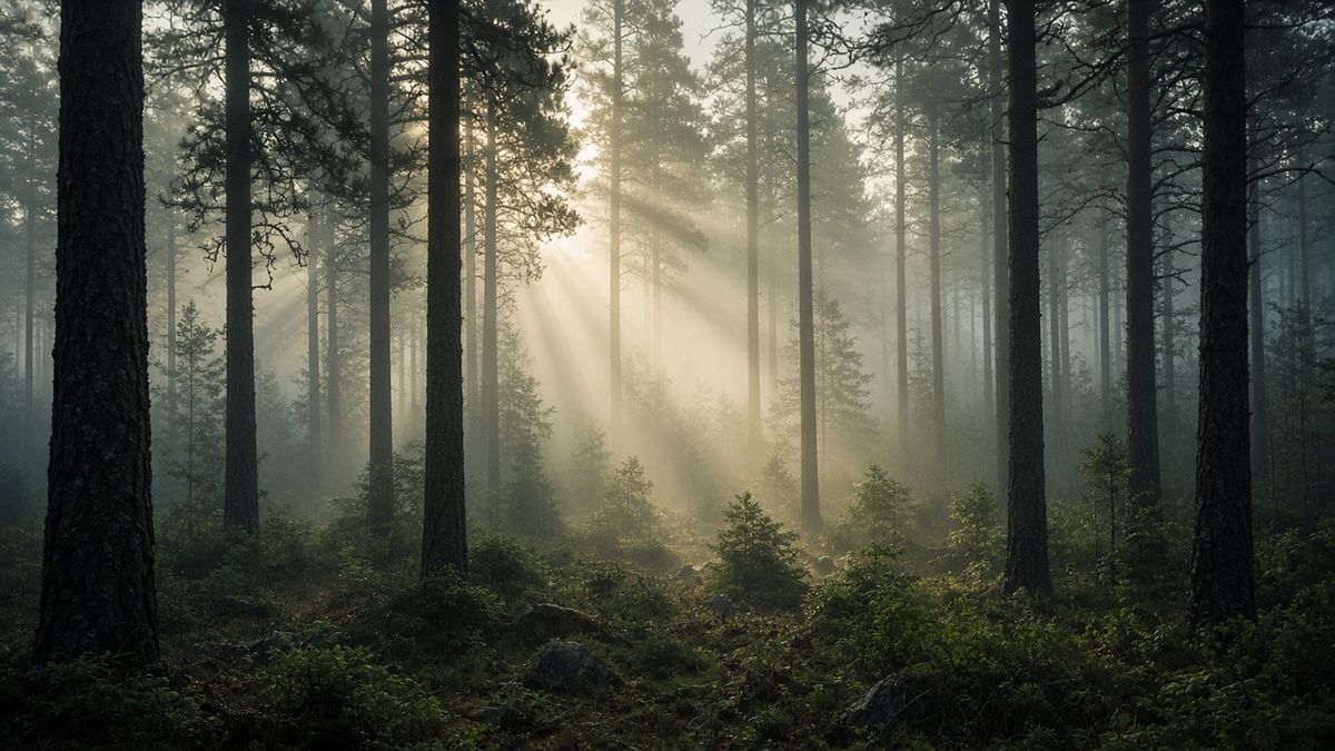 Sun rays breaking through morning fog in a misty pine forest
