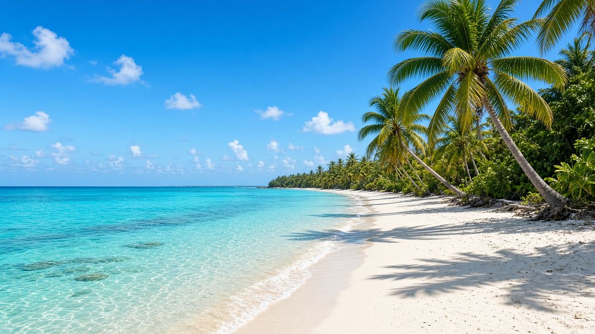 Empty tropical beach with turquoise water and leaning palm trees