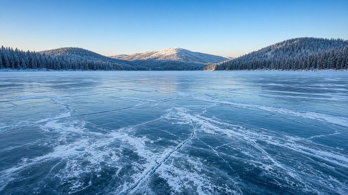 Cracked blue ice on a frozen lake beneath snowy forested hills