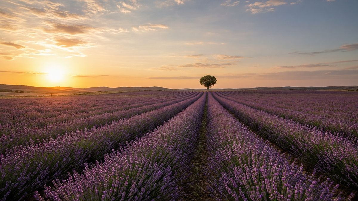 Rows of lavender stretching toward a lone tree at sunset
