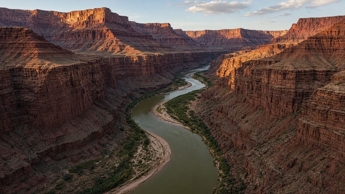Winding river through a deep red sandstone canyon