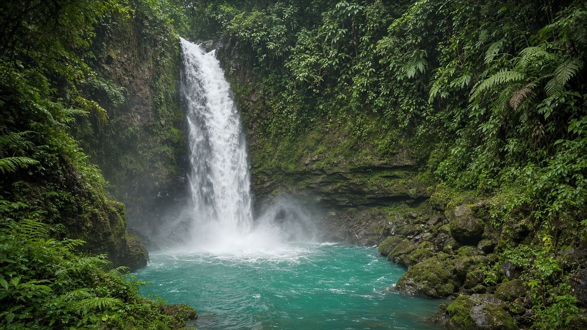 Waterfall cascading into a turquoise pool in lush jungle