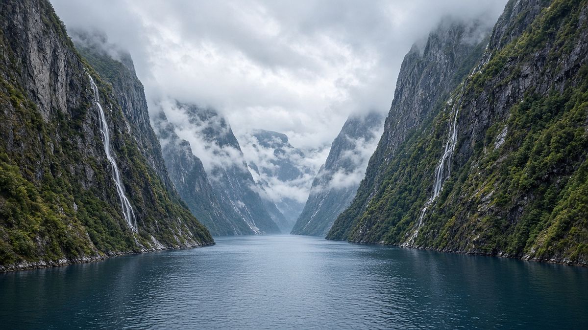 Deep blue fjord between steep green cliffs under low clouds