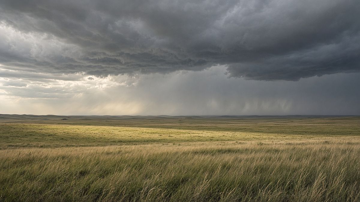 Open grass steppe under dramatic storm clouds