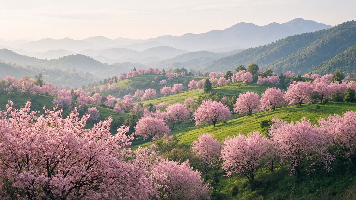 Blooming pink cherry trees across green spring hills
